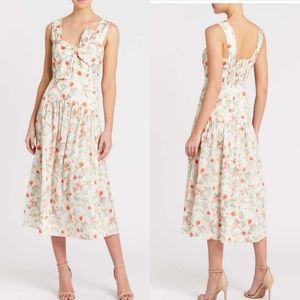 Rebecca Taylor Kamea Fleur Bow Floral Smocked Fit and Flare Midi Dress